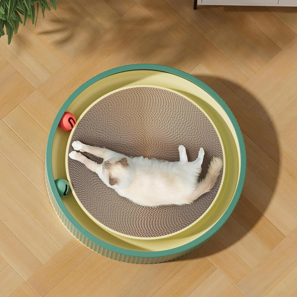 Large circular cat scratching board with integrated ball toys and replaceable cardboard core