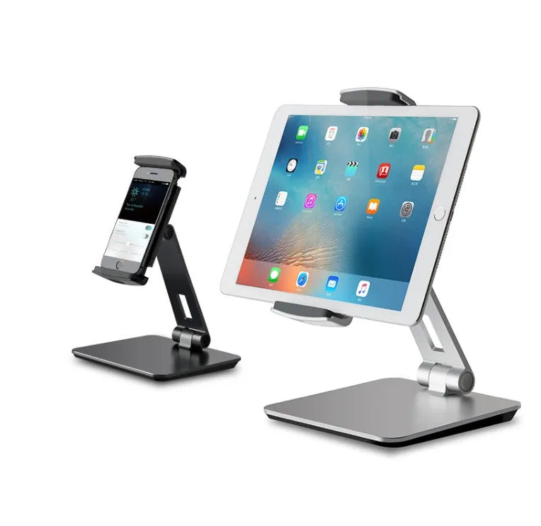 Silver folding aluminium desktop phone and tablet stand with 360° rotating base