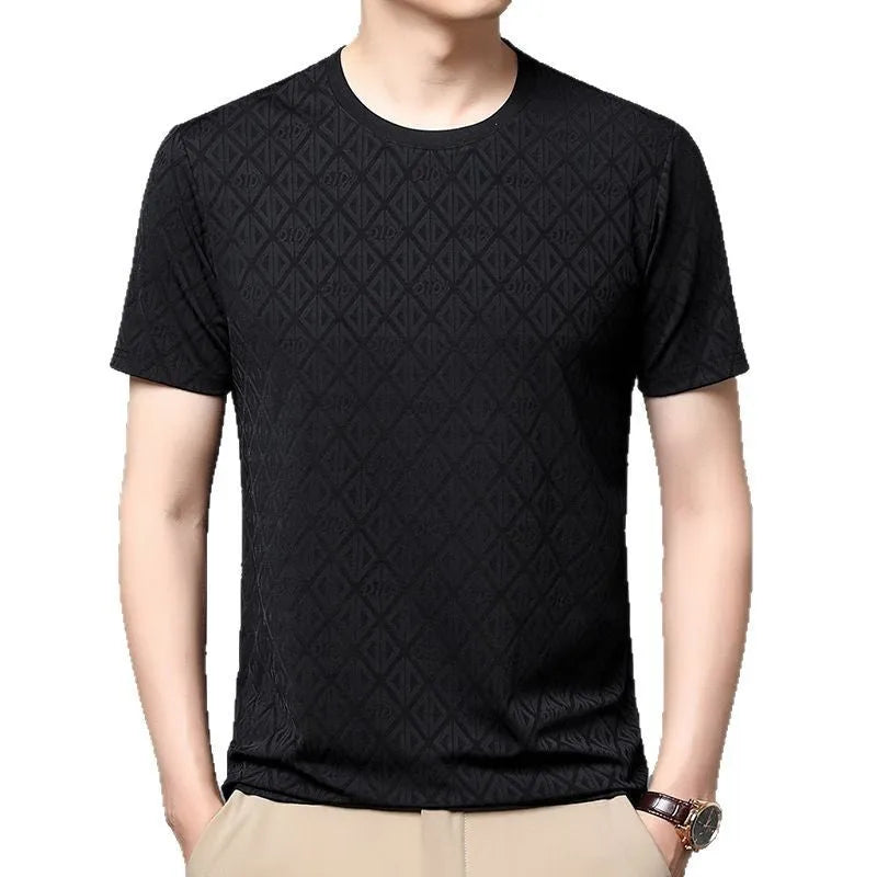 Men's black loose fit short sleeve T-shirt with round neck in Ice Silk antibacterial fabric