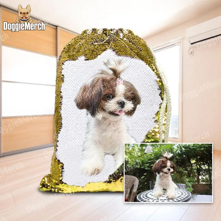 Custom purple sequins drawstring backpack with a printed dog photo, showing drawstring closure and glittering texture.
