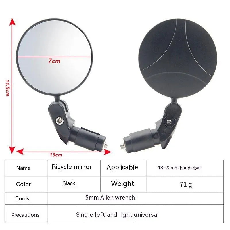 Black foldable convex rearview mirror for vehicles showing 7cm diameter and 360-degree rotation.