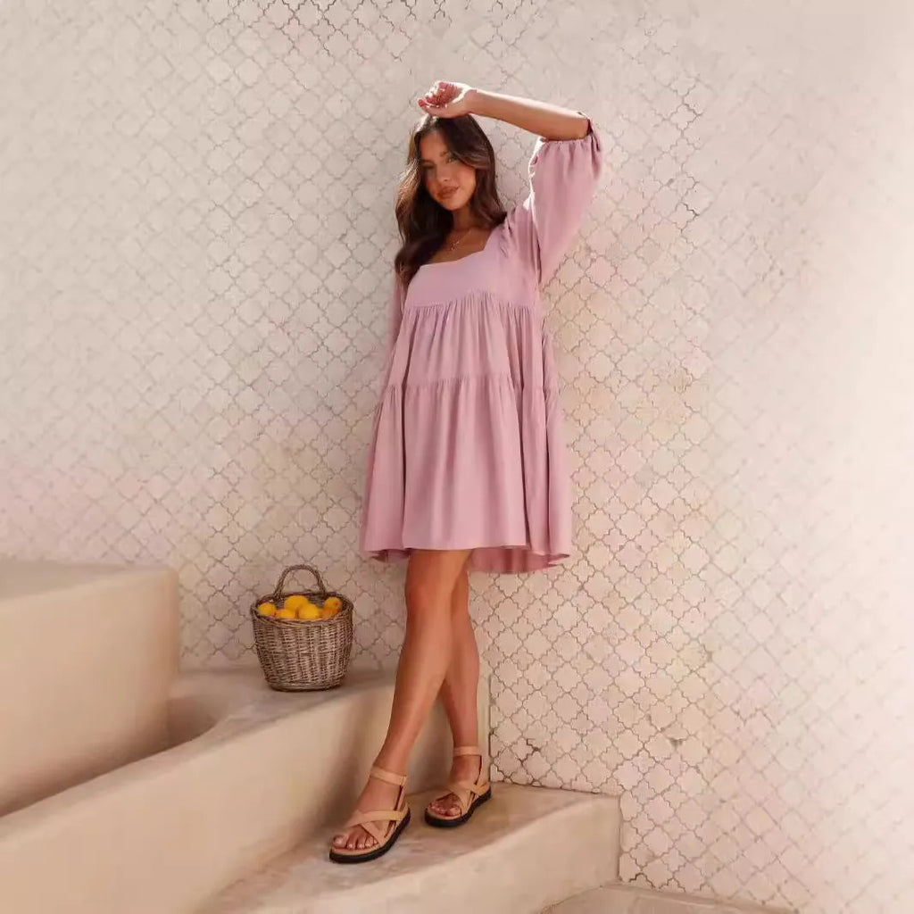 Children's solid colour backless dress with square collar and puff sleeves in A-line silhouette