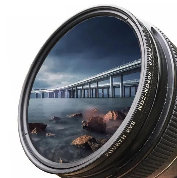 Adjustable multi-diameter neutral density camera filter with ND-2, ND-4, ND-8, and ND-400 grayscale options.