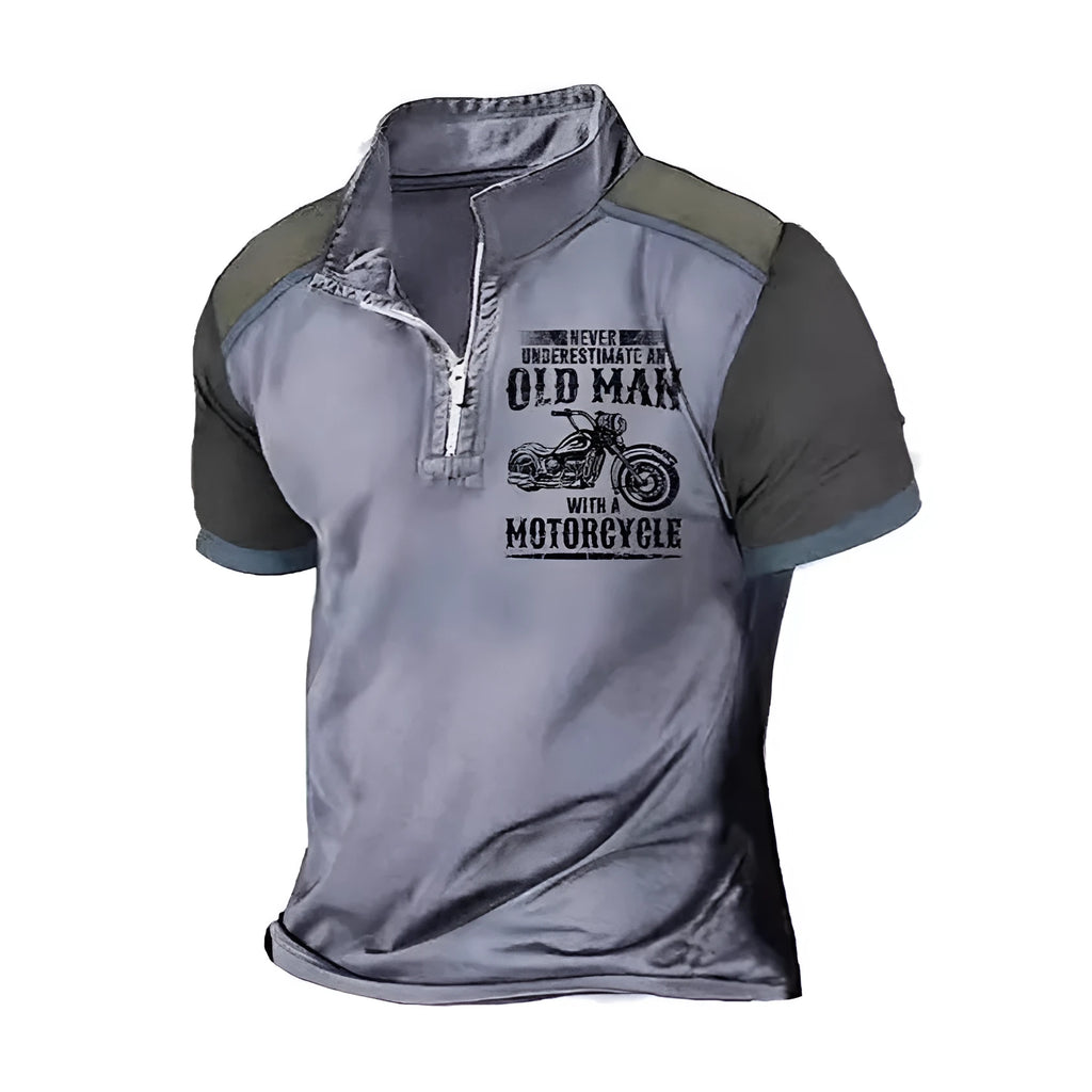 Men's grey casual polo shirt with a lapel collar, short sleeves, and a white digital letter print design on the chest.