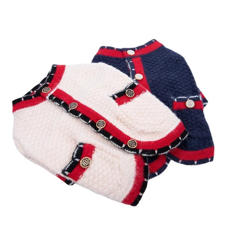Classic style Bejirog wool sweater cardigan pet clothes in blue, princess style, front view