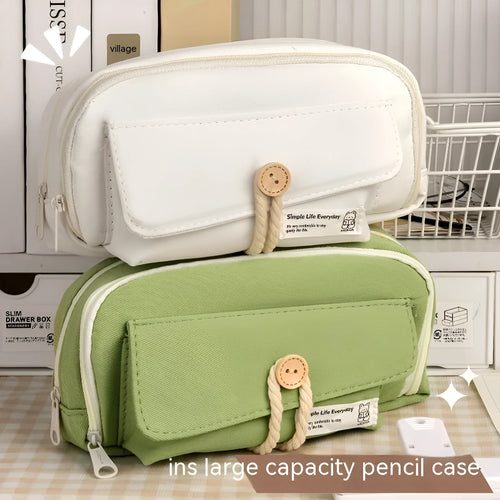 Korean style canvas pencil case in green colour showing large capacity for multiple pens