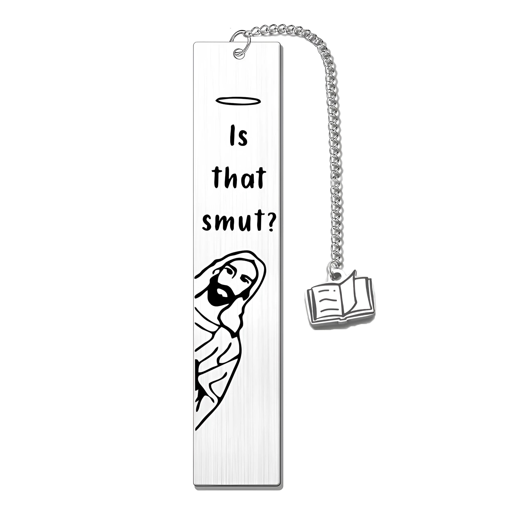 Stainless steel tassel-style bookmark with engraved 'reading enthusiasts literary' text on a metal surface.