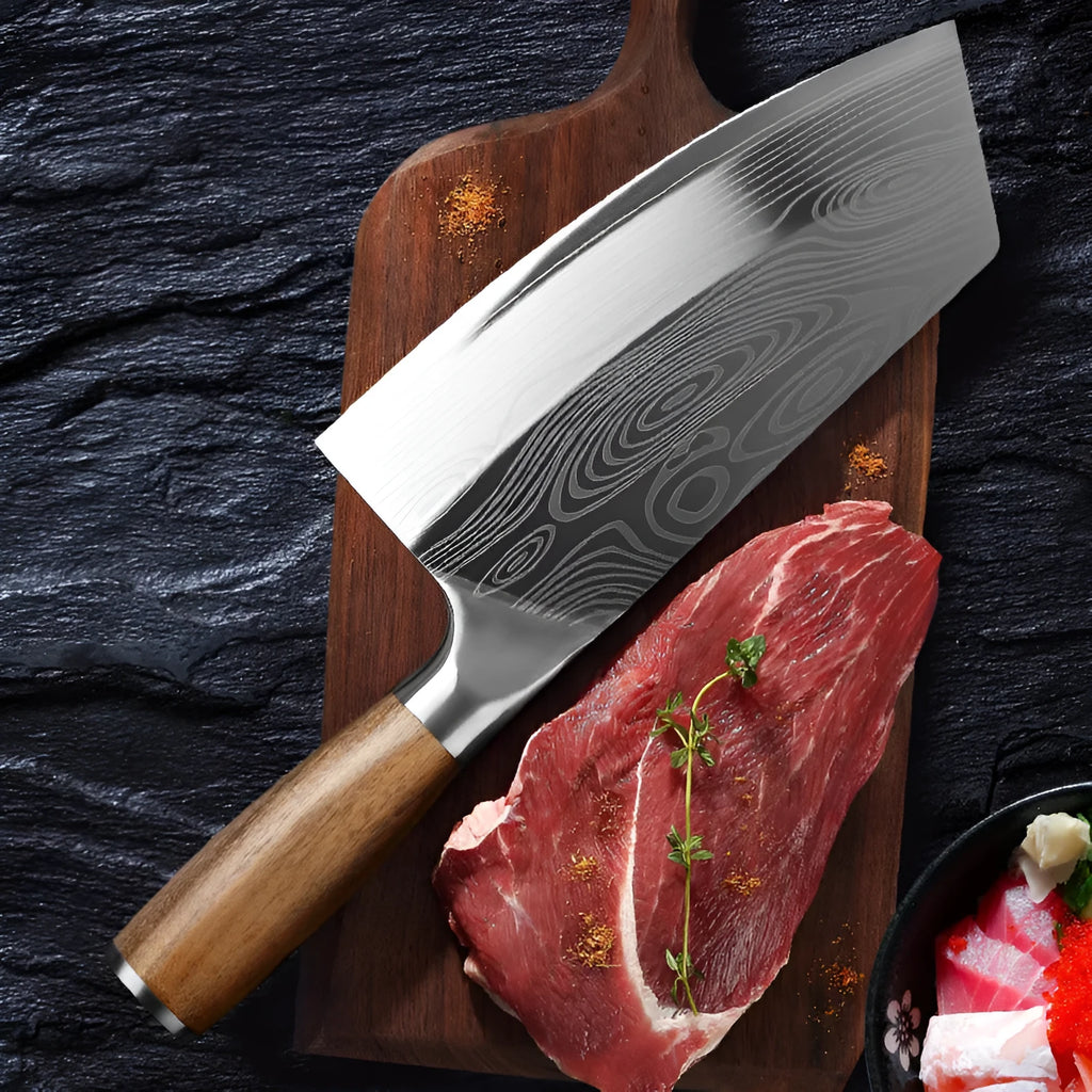 Stainless steel kitchen knife with a long 320mm blade on a cutting board
