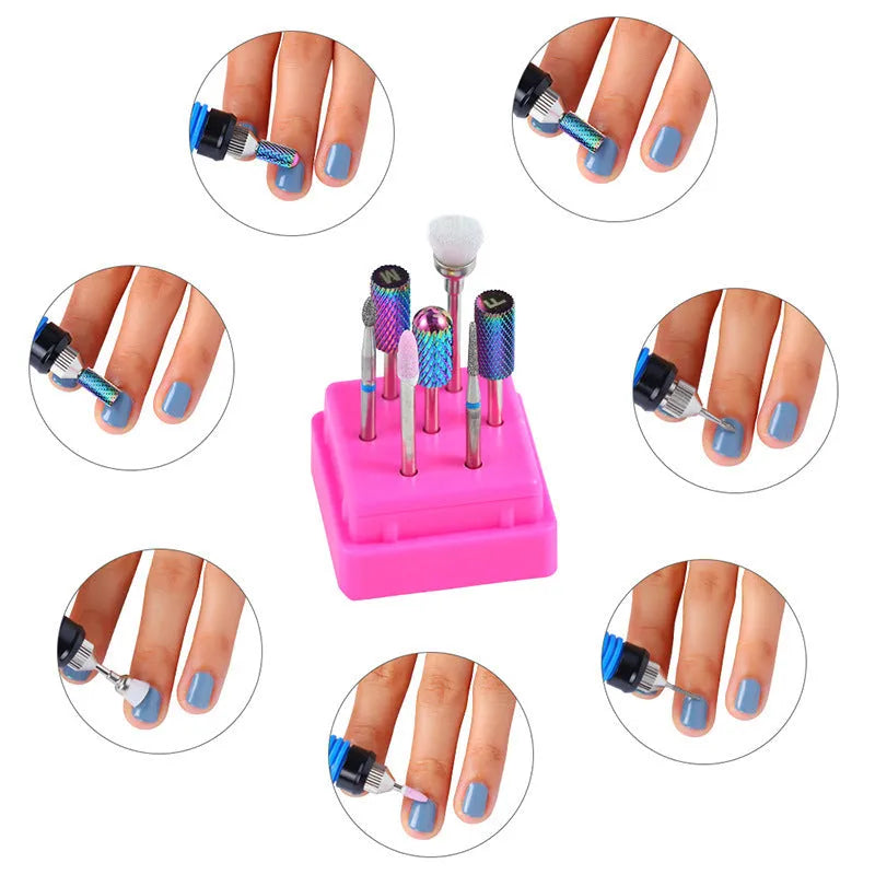 Tungsten steel nail drill bits and brush set in a clear case for manicure and pedicure.