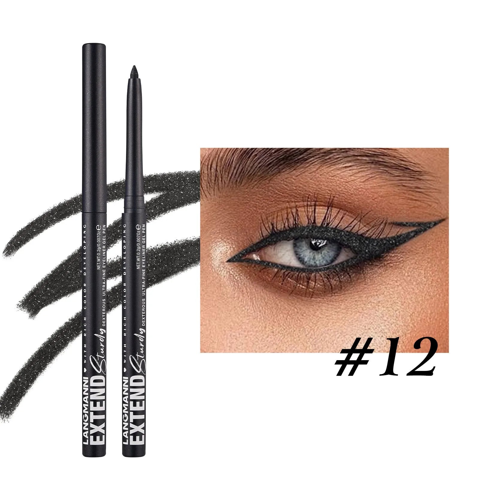 Set of 12 colourful gel glitter eyeliner pencils showing matte, glitter, metallic and pearl shades.