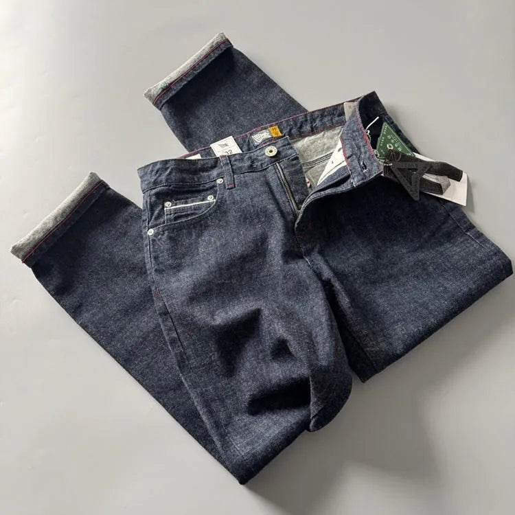 Men's straight-leg denim trousers in primary colour showing mid-waist design and traditional American retro styling