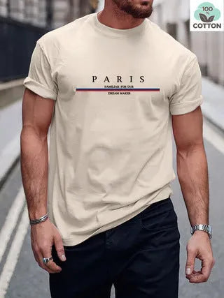 Heavyweight men's short-sleeve t-shirt with large letter print in apricot colour, showing loose fit.