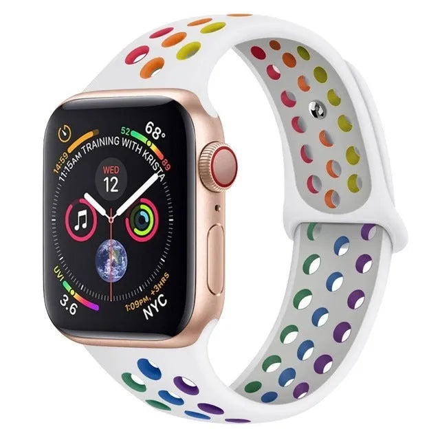 Silicone sports wristband strap with single buckle in black, rainbow, and white colour options showing 38x40mm and 42x44mm sizes