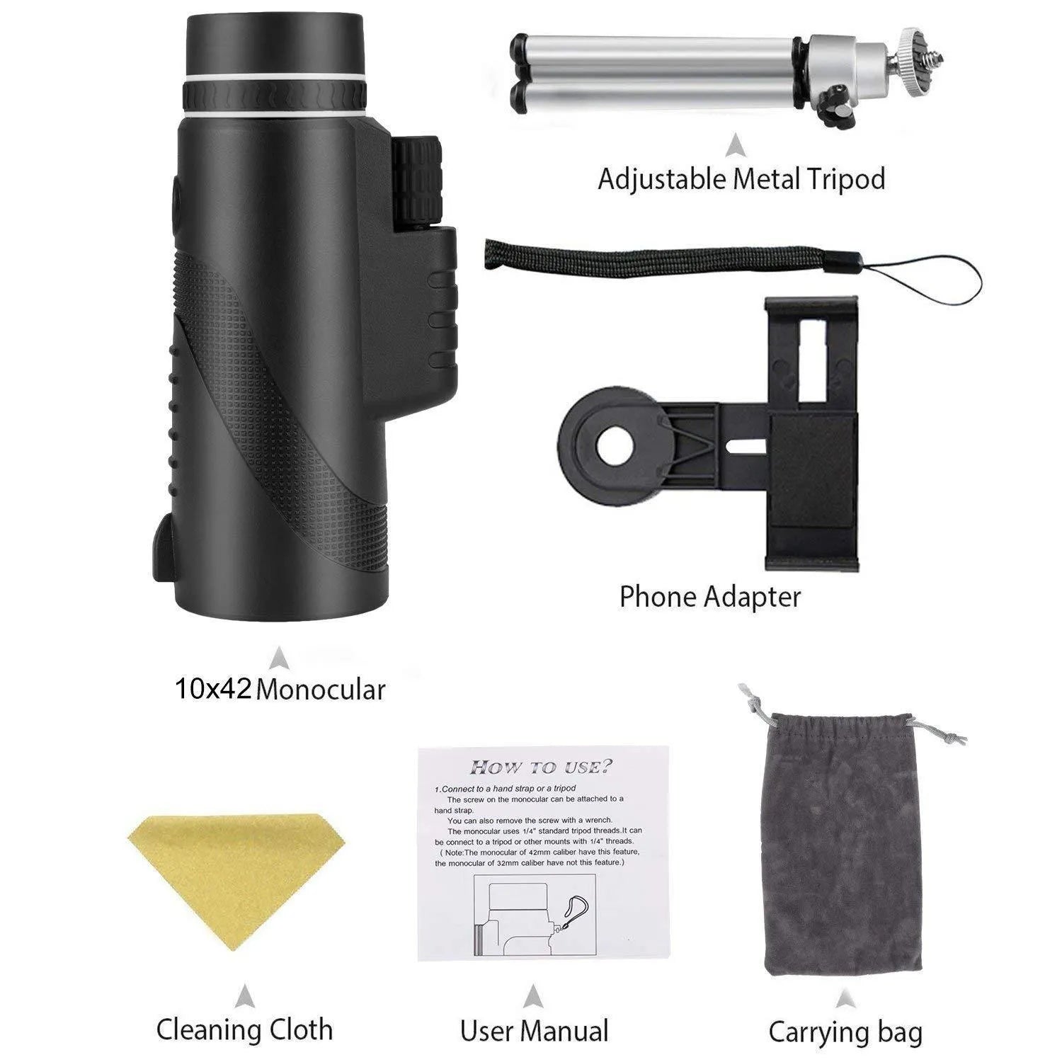 Black 40x60 smartphone monocular telescope with 60mm objective lens for outdoor viewing