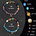 Natural stone zodiac beaded bracelet set showing twelve different sign designs with colourful crystal beads on adjustable cords