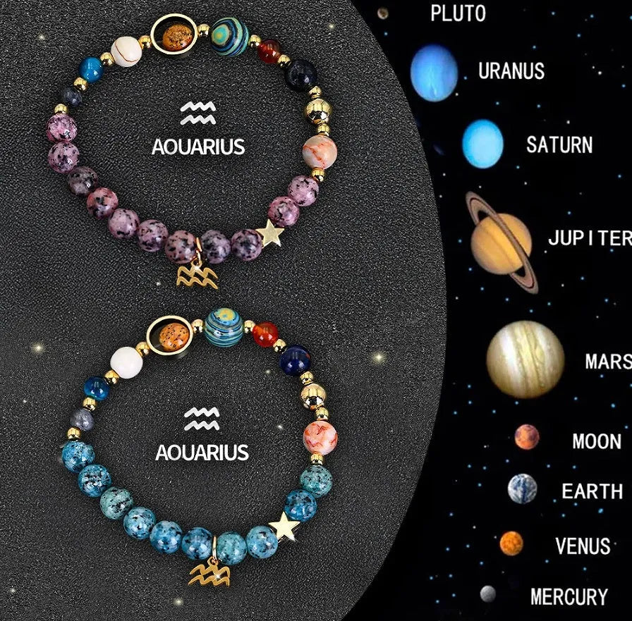 Natural stone zodiac beaded bracelet set showing twelve different sign designs with colourful crystal beads on adjustable cords