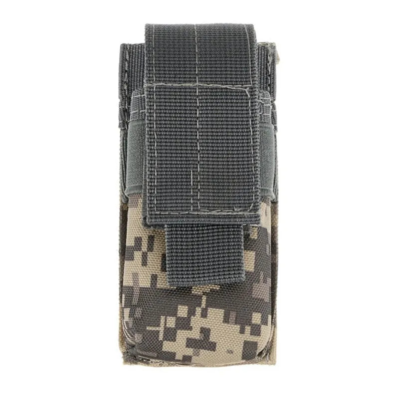 Black tactical MOLLE pistol magazine pouch with elastic cord closure, shown on a vest.
