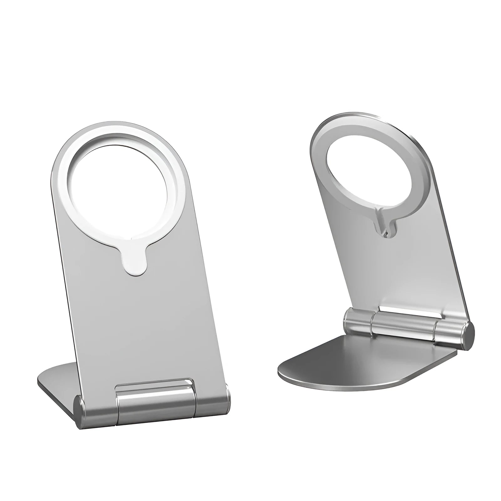 Silver vertical adjustable magnetic phone bracket for iPhone 12 on a table.
