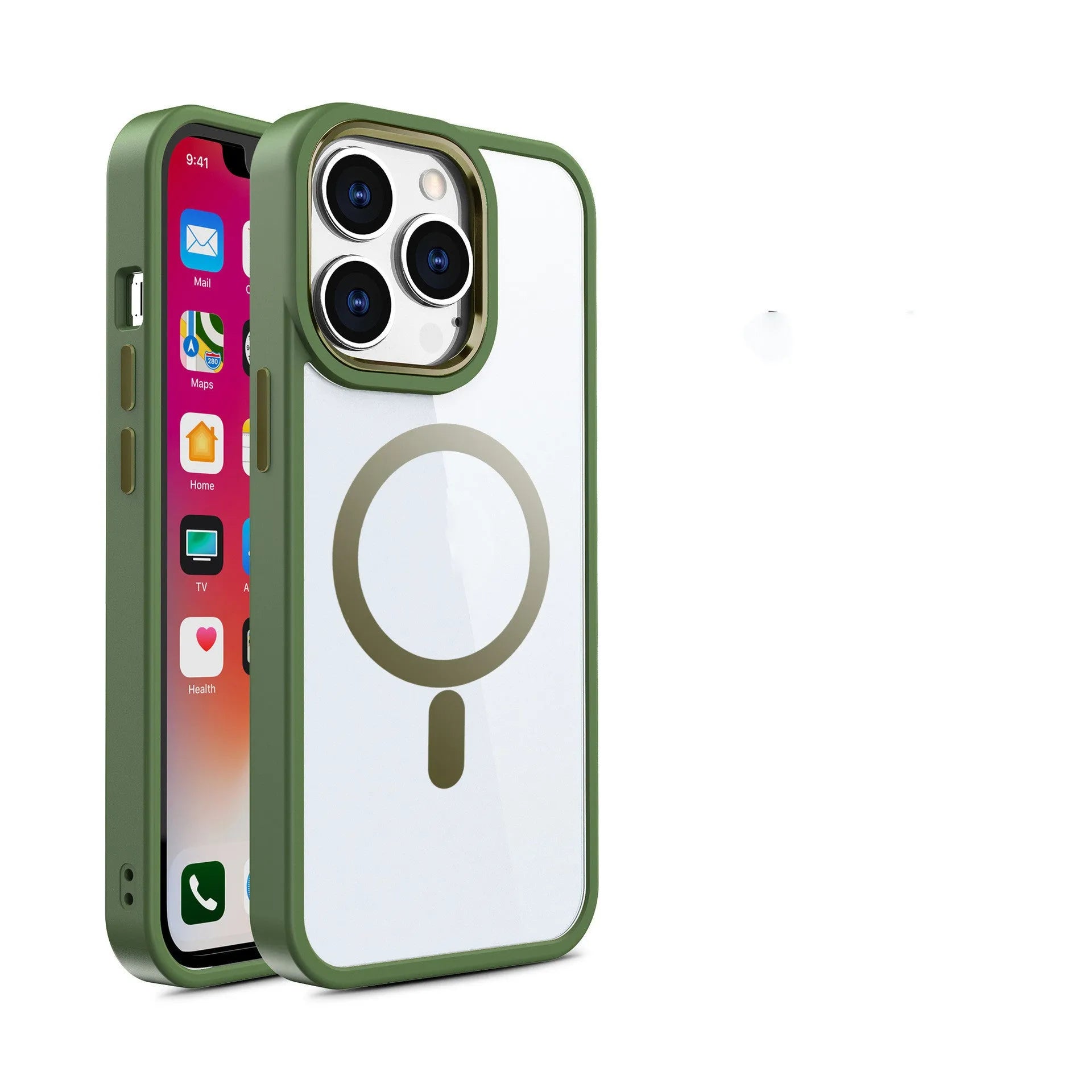Magnetic transparent silicone phone case for iPhone in solid colours like black, blue, green, pink, and red.