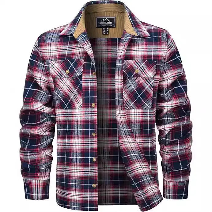 Man wearing a casual orange and black plaid flannel button-down shirt with long sleeves.