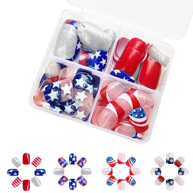 Independence Day nail art sticker set with US flag, stars, and stripes on a European square nail shape.
