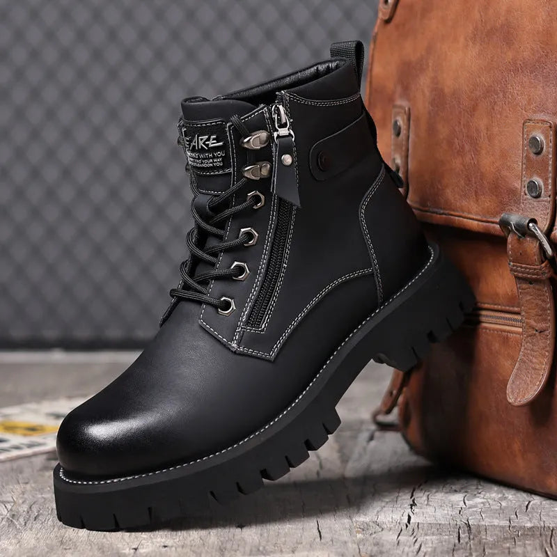 Men's brown high-top Martin boots with side zipper, round toe, and mid-calf length