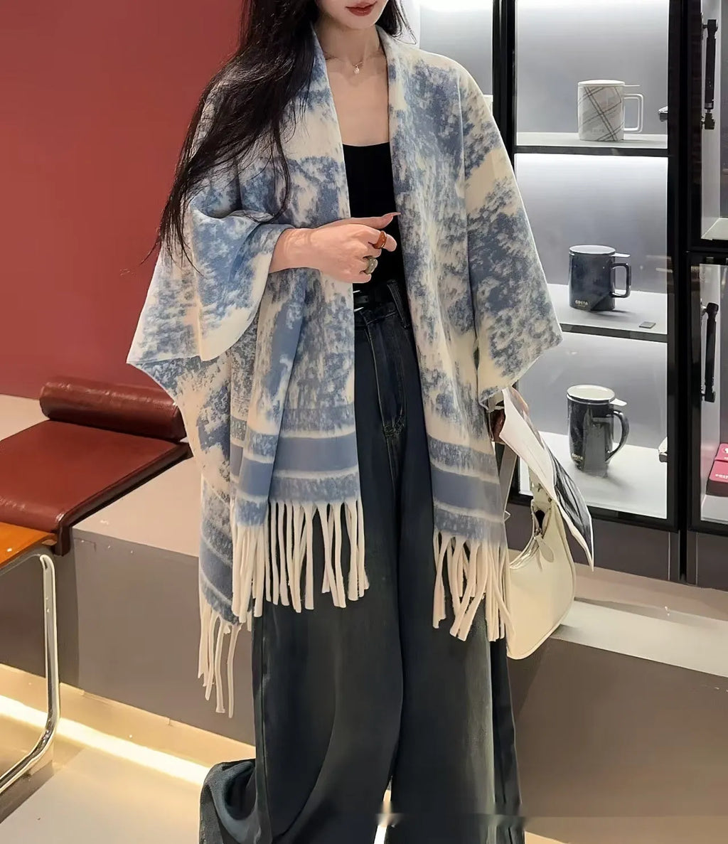 Women's personalised scarf cape with tassel trim and picture printing on polyester fabric in free size