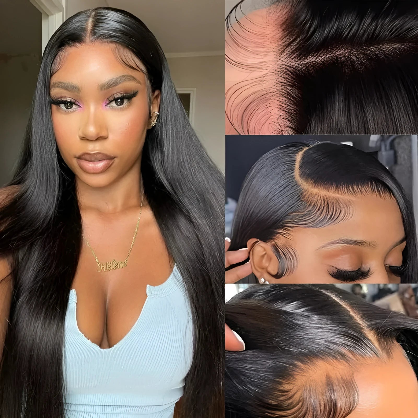 Straight black human hair lace front wig on a model, showcasing a natural hairline and long length.
