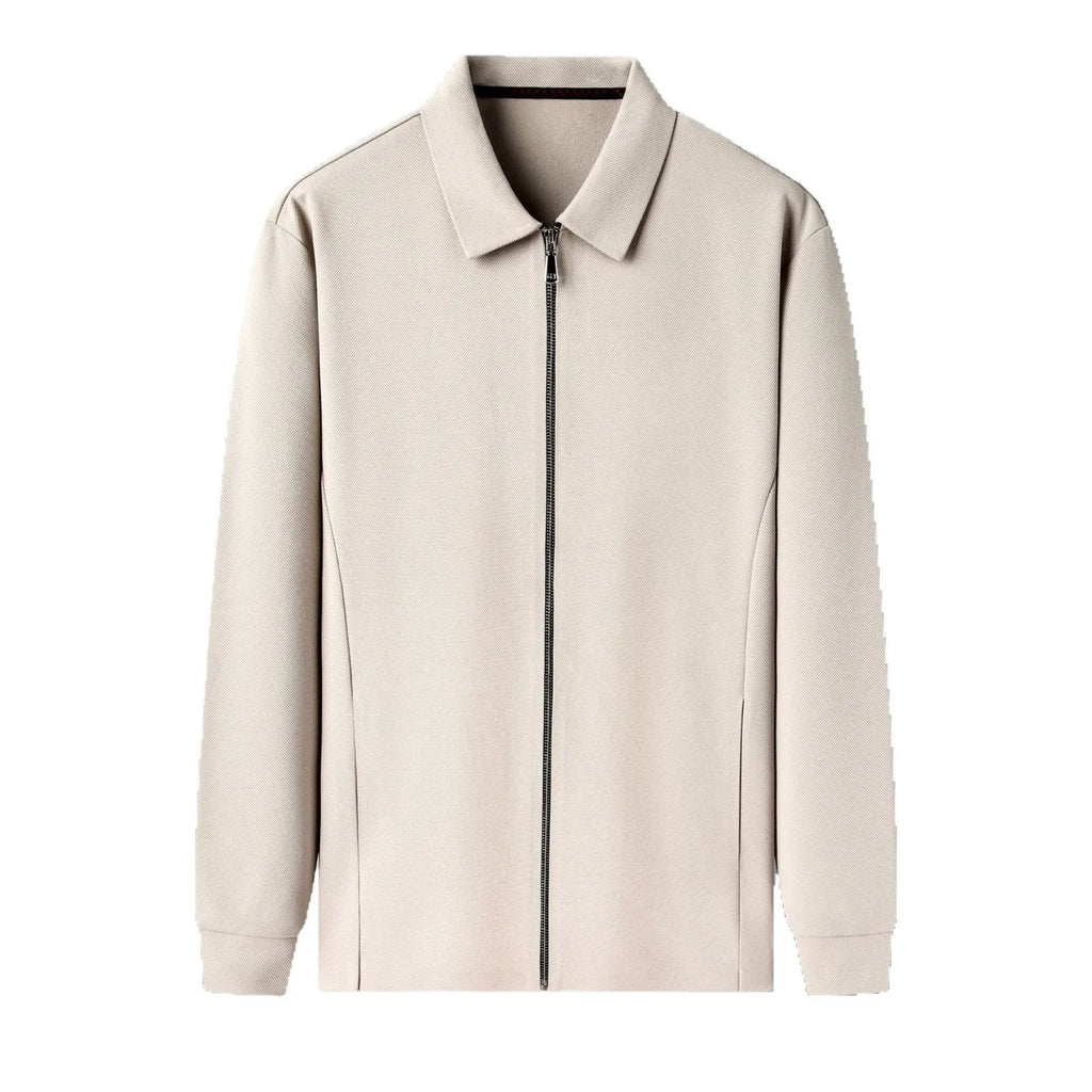 Men's polyester casual business jacket in apricot, black, or dark grey with long sleeves and straight hem.