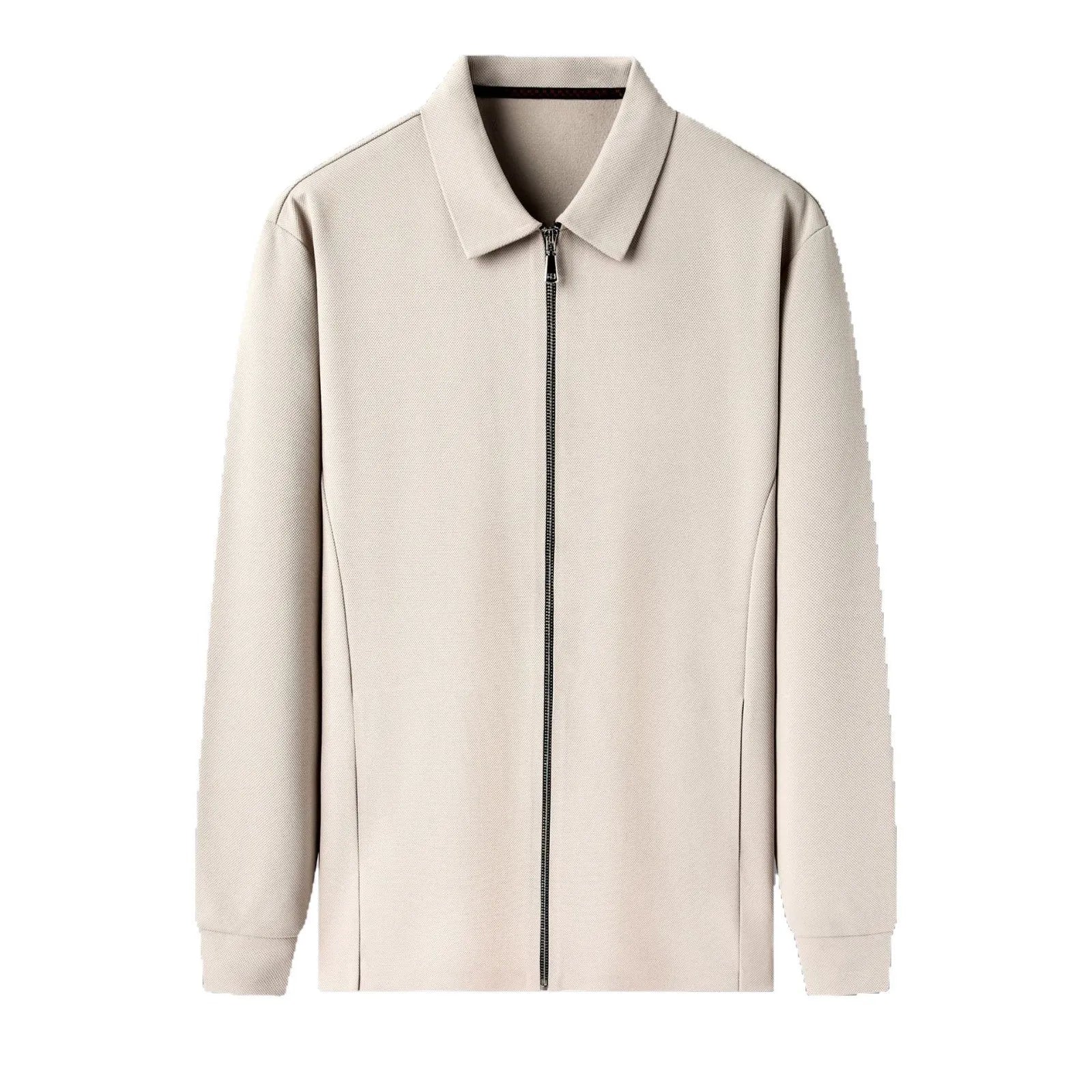 Men's polyester casual business jacket in apricot, black, or dark grey with long sleeves and straight hem.