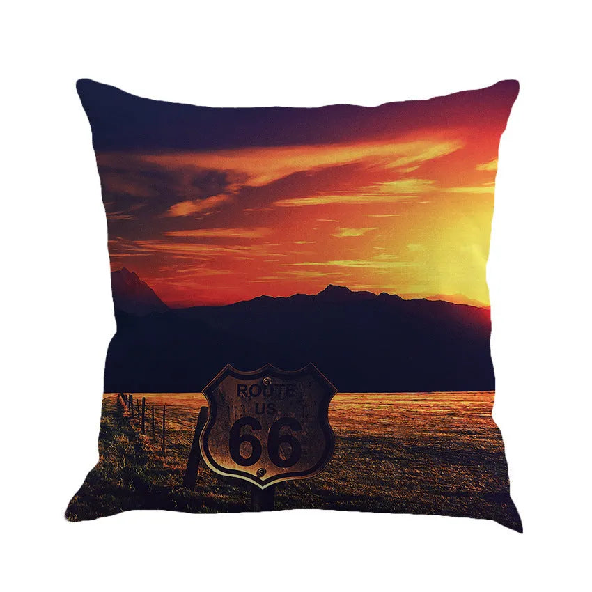 Linen cushion cover with US Route 66 landscape pattern measuring 45x45cm for car and sofa back pillows