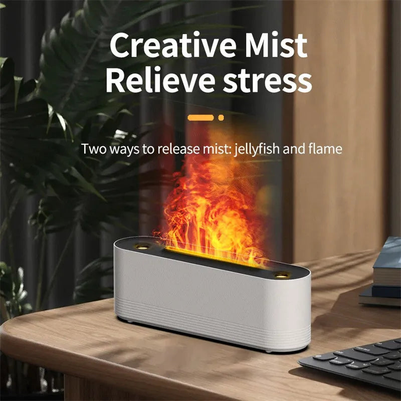 Black ultrasonic humidifier with colourful LED flame lighting and water mist output