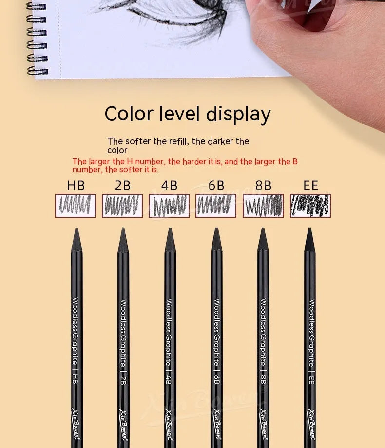 Set of six graphite sketching pencils for art, showing wood-free full lead construction.