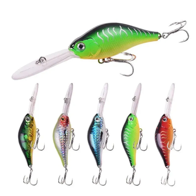 Little Fat Man deep diving minnow fishing lure showing colour options, 10.5cm in length.