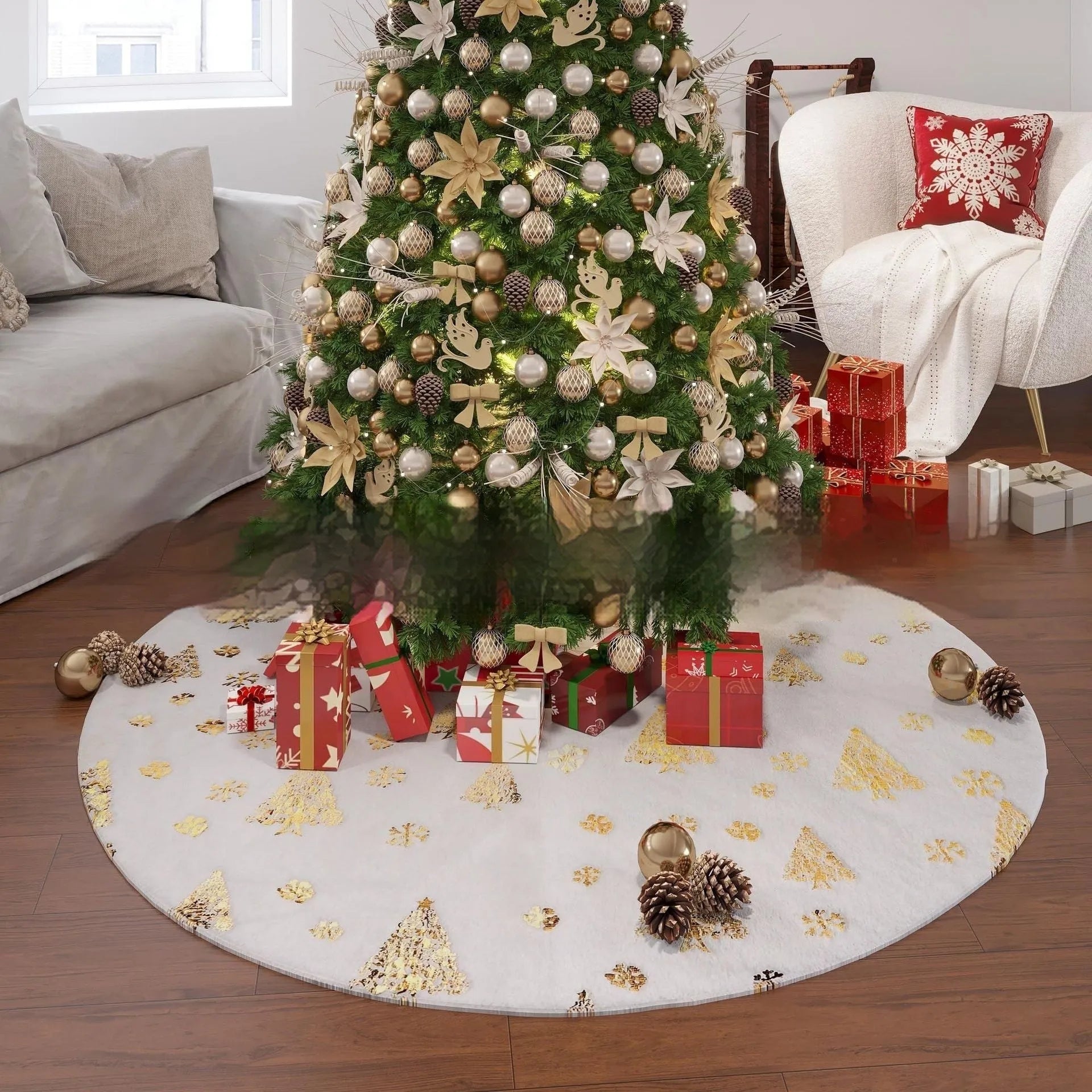 Plush red Christmas tree rug with snowflake XINGX pattern on a wooden floor