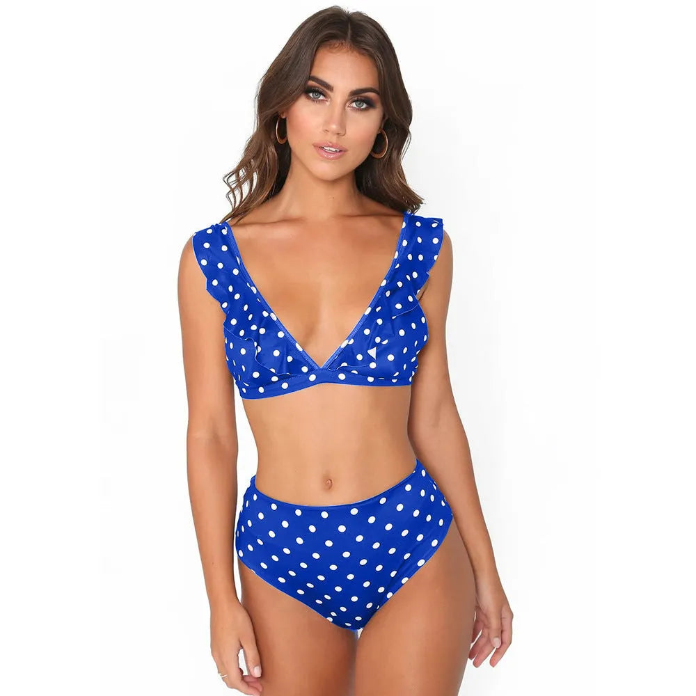 Black and white polka dot ruffled deep V-neck bikini set with nylon fabric, including top and shorts.
