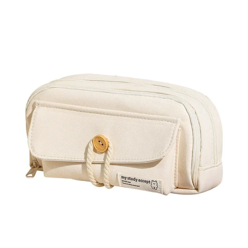 Korean style canvas pencil case in green colour showing large capacity for multiple pens