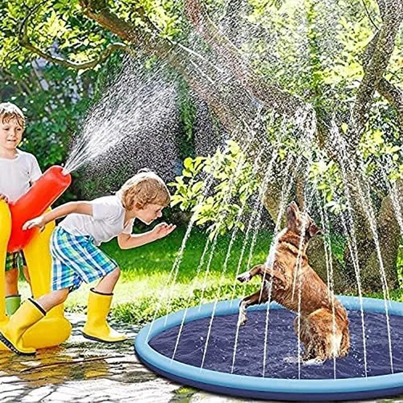 Inflatable blue dog pool splash pad with anti-slip texture, partially filled with water in a garden.