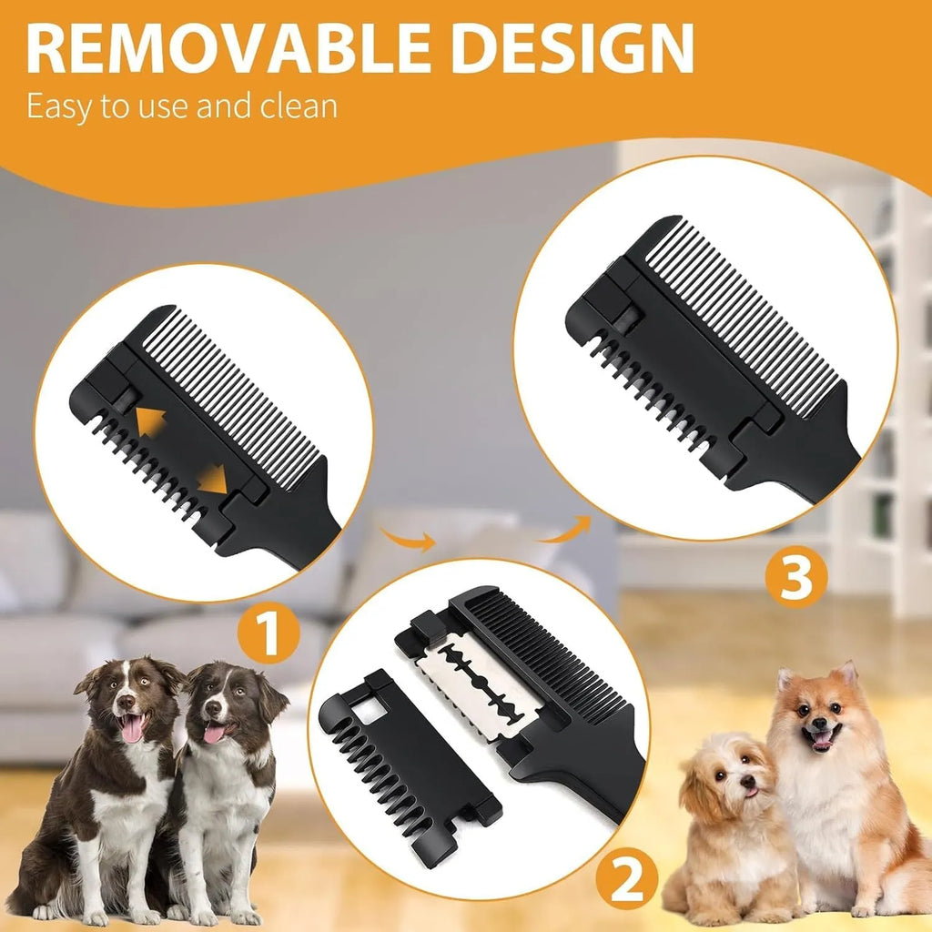 A 2-in-1 razor comb for grooming dogs and cats, shown with replacement blades.