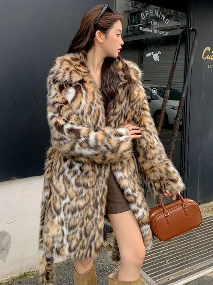 Women's long faux fur coat with fur collar and pockets in street fashion style