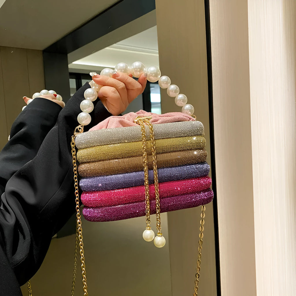 Women's retro style crossbody dinner bag with beaded decoration in soft PU material