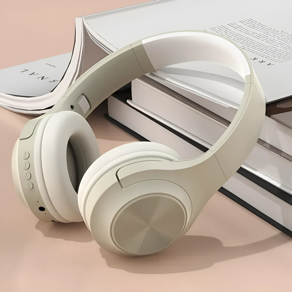 Personalised wireless Bluetooth headset with charging case in chalk black, ivory white, or youth green colour.