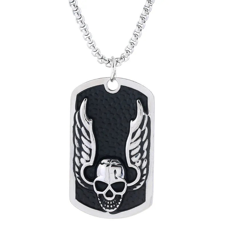 Men's Korean style necklace with alloy pendant and stainless steel chain on a flat surface