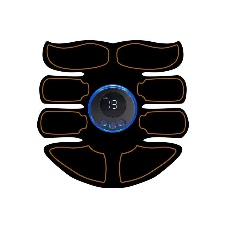 Digital EMS abdominal muscle trainer patch set with three pieces and a charging unit in red, blue, or yellow.
