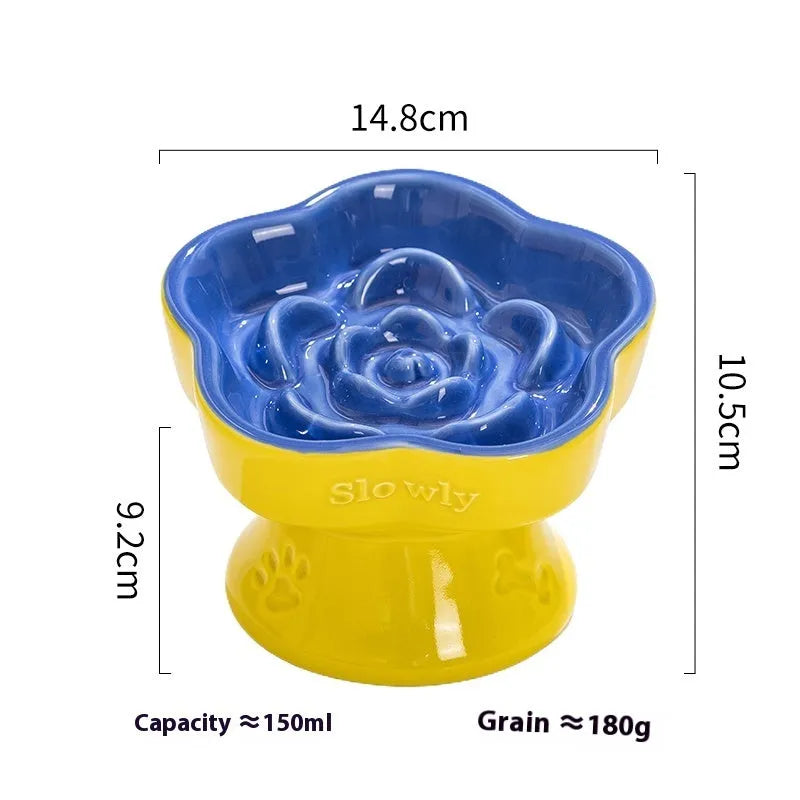 Black ceramic pet bowl with high foot and neck design for anti-tumble feeding