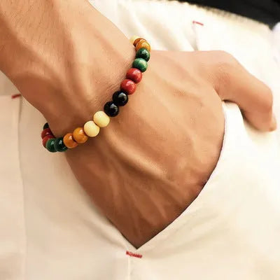 Natural stone beaded bracelet with ethnic design showing lava beads for essential oils