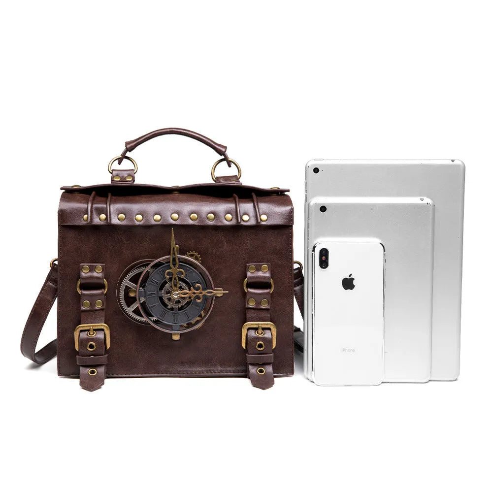 Bronze steampunk industrial retro shoulder bag with metal details and pillow bag shape