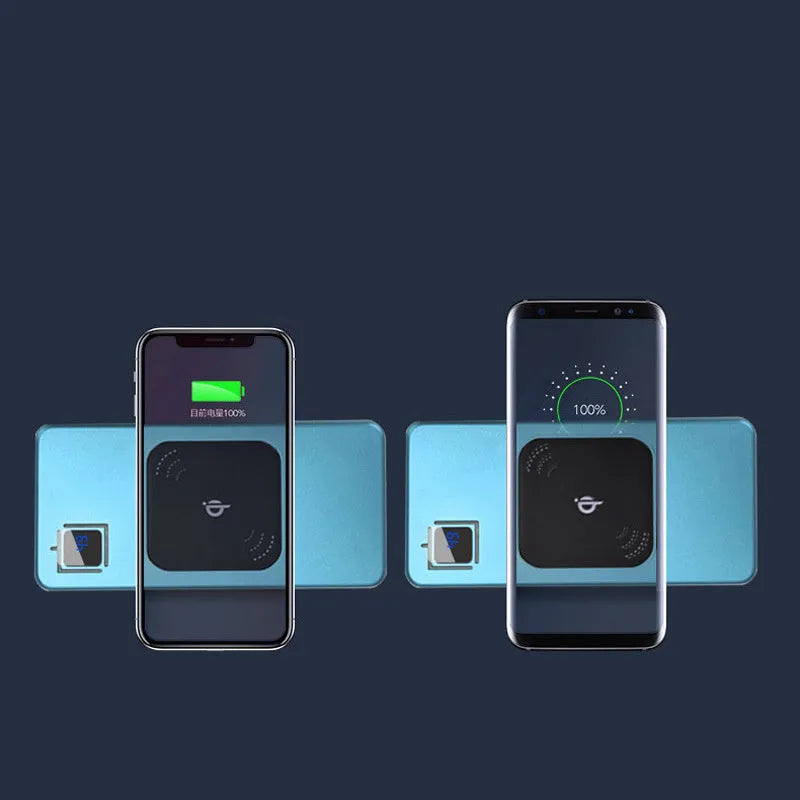 Silver alloy portable power bank with LCD display showing battery percentage, next to a smartphone.