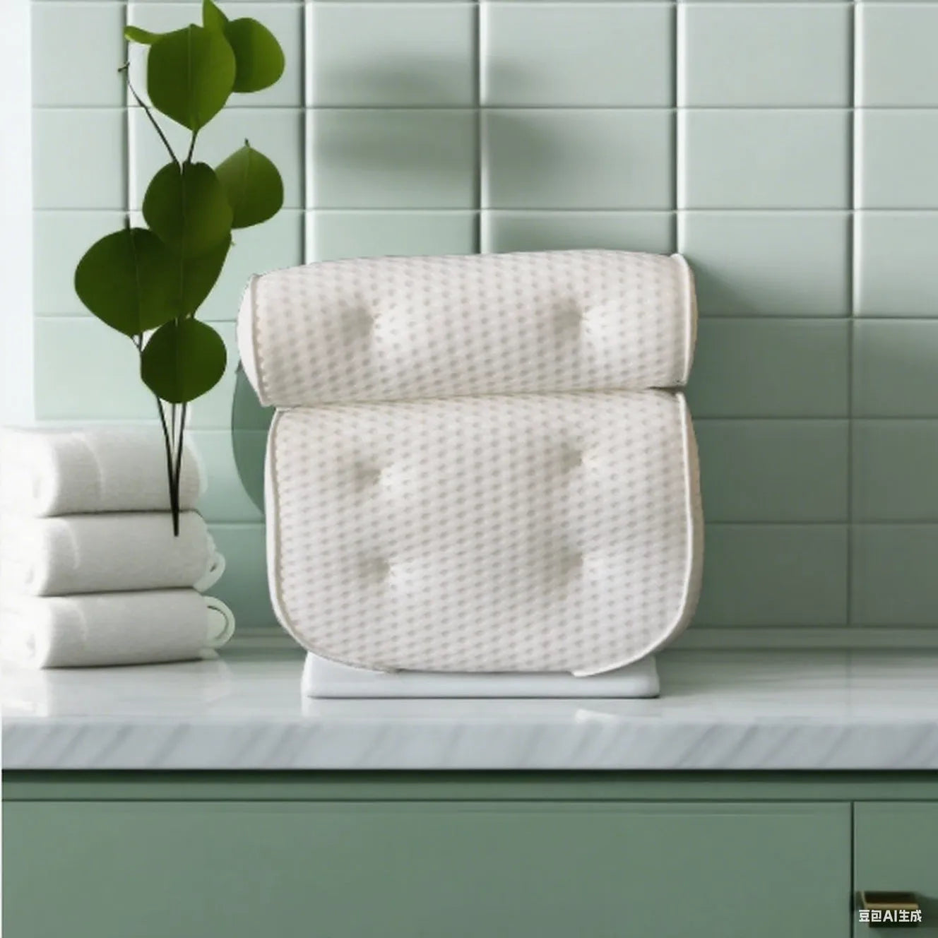 White bathtub pillow with 4D mesh fabric and suction cups on a flat surface.