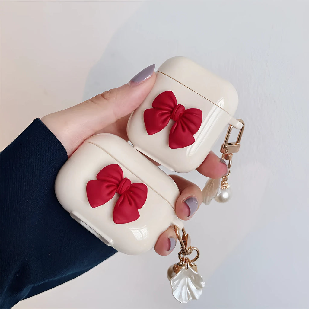 Beige red bow shell pendant wireless earphone case for AirPods Pro in TPU clamshell design